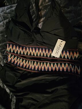 Black Women's One-Piece Bikini with Multicolor Zigzag Waistband